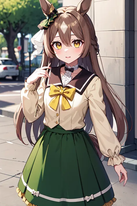 anime girl in a green skirt and a white shirt with a cat ears