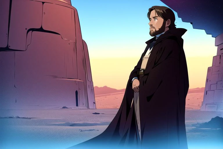 masterpiece, best quality, anime, sorrowful, obiwan,exile, sad, lonely, desert<lora:obiwan:1>