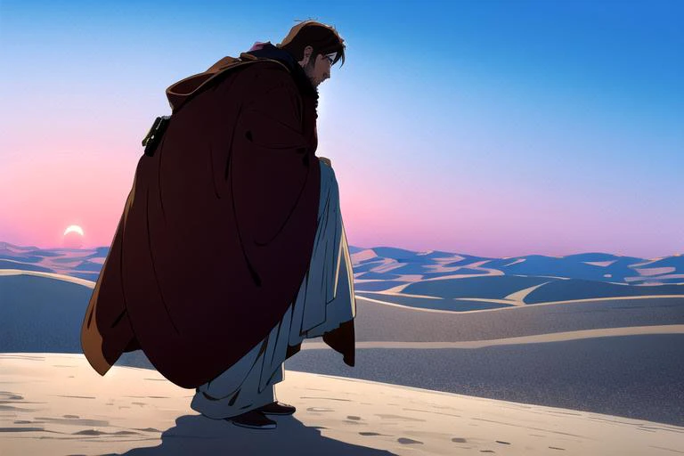 masterpiece, best quality, anime, sorrowful, obiwan,exile, sad, lonely, desert,side view, full body<lora:obiwan:1>