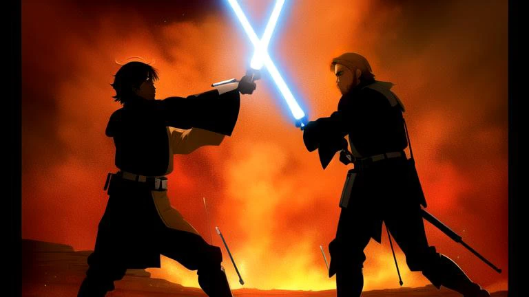 masterpiece, best quality, lightsaber duel, anime,,obiwan, rots, episode3<lora:obiwan:1>