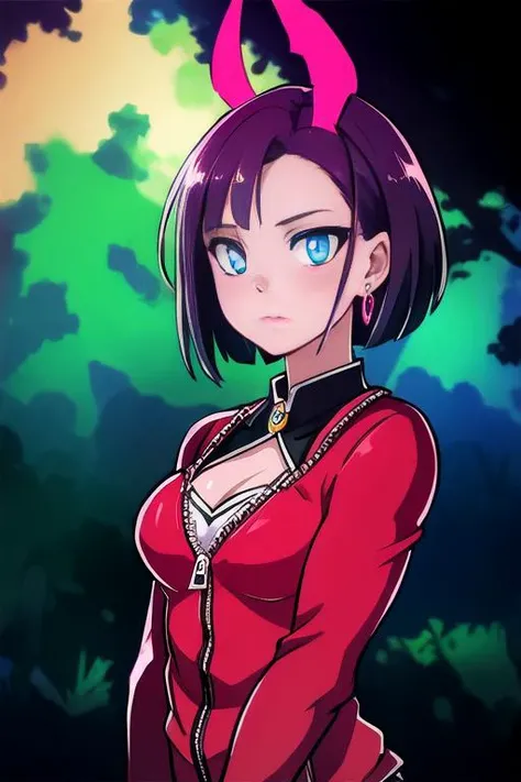 <lora:BloodSkelterStyle-30:0.9> Blood_Skelter, pink blood, glowing eyes, fire, SFW, 1Girl, Adult, (muscular Panamanian:1.2) woman, little breasts, medium dark purple dice bob hairstyle, wearing pink jumper outfit, tourmaline jewelry, Hauberk accents, glowi...