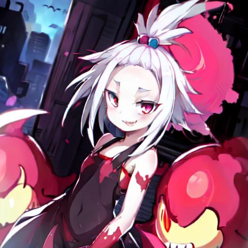 roxie (pokemon), topknot, forehead, <lora:roxiePokemonBW2Lora_v10:0.7>, Beautiful Art Style, 1girl, young woman, looking at viewer, good-looking, factory, head down, vampire costume, Xennos,<lora:Xennos-v2-768-2900:0.7>,  Blood_Skelter,<lora:BloodSkelterSt...