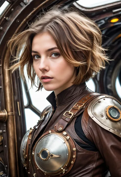 high detail, photo realism, natural skin texture, skin details, natural pores, pale and natural,
professional photography of a 20yo short messy light brown bob hairstyles with highlights girl flying through space in a steampunk spaceship, from a distance, ...