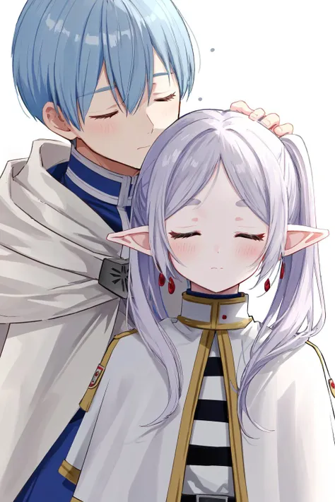 masterpiece, best quality, highres, 1girl frieren, white capelet striped shirt dress, 1boy himmel, cloak uniform <lora:himmel_frieren_5:1> kissing cheek, closed eyes