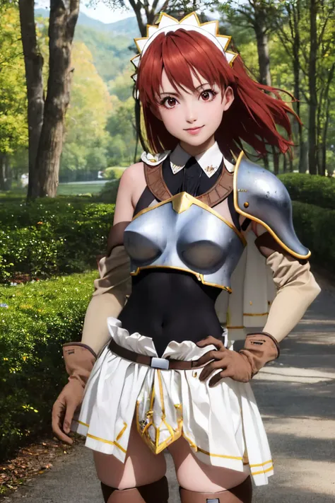 (masterpiece, best quality:1.2), <lyco:sacredblacksmith_campbell-09:1.0>, cowboy shot, solo, 1girl, cecily campbell, smile, looking at viewer, hand on hip, armor, breastplate, white skirt, thighhighs, gloves