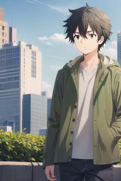 shuuogata, <lora:shuu ogata s1-lora-nochekaiser:1>,
shuu ogata, short hair, black hair, hair between eyes, male focus, (black eyes:1.3),
BREAK shirt, jacket, open clothes, open jacket, black shirt, green jacket,
BREAK outdoors, city, sky, sun, clouds, buil...