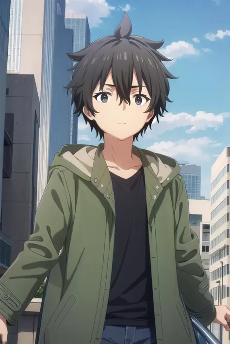 shuuogata, <lora:shuu ogata s1-lora-nochekaiser:1>,
shuu ogata, short hair, black hair, hair between eyes, male focus, (black eyes:1.3),
BREAK shirt, jacket, open clothes, open jacket, black shirt, green jacket,
BREAK outdoors, city, sky, sun, clouds, buil...