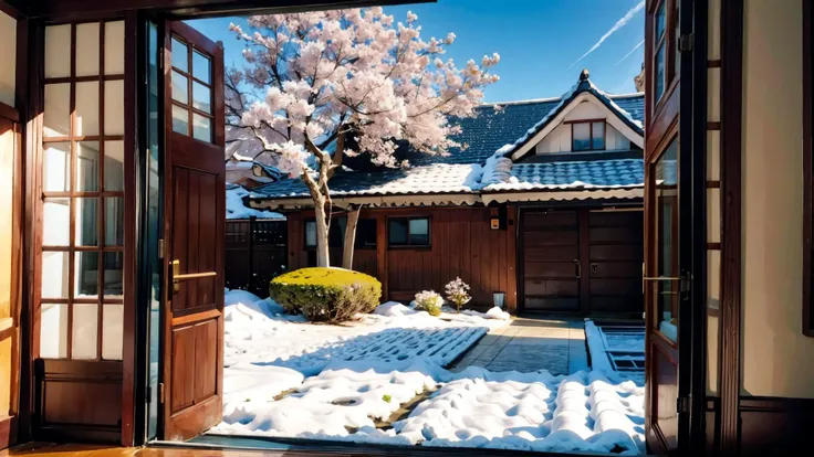 create a serene setting in snow jade court,with a blossoming cherry blossom tree and falling petals.,
illustrate liu hanyan's el...