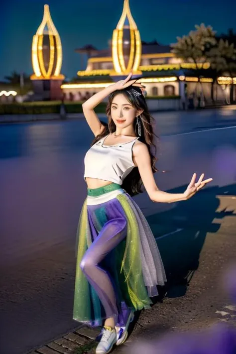 a woman in a long skirt posing for a picture in front of a building