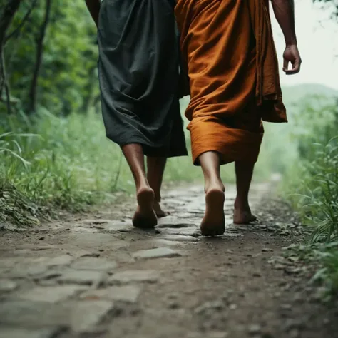 two monks walking down a path in the woods with their robes on