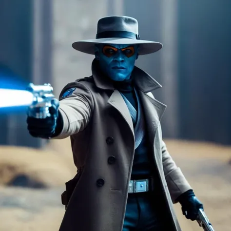 cinematic film still of  <lora:star wars style:1.5>
In star wars universe Cad Bane A ruthless bounty hunter from the planet Duro in a hat and trench coat holding a blaster gun star wars style, shallow depth of field, vignette, highly detailed, high budget,...