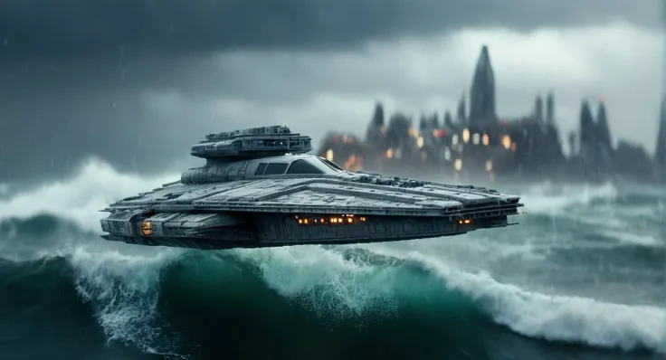 cinematic film still of  <lora:star wars style:1.5>
In star wars universe a sci - fi spaceship is flying over a city in heavy rainy weather storm with sea ocean tsunami waves star wars style, shallow depth of field, vignette, highly detailed, high budget, ...