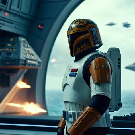 cinematic film still of  <lora:star wars style:1.5>
In star wars universe Gial Ackbar a male A veteran commander in a space suit is standing in front of a window with imperial destroyer ships attacking in the background star wars style, shallow depth of fi...