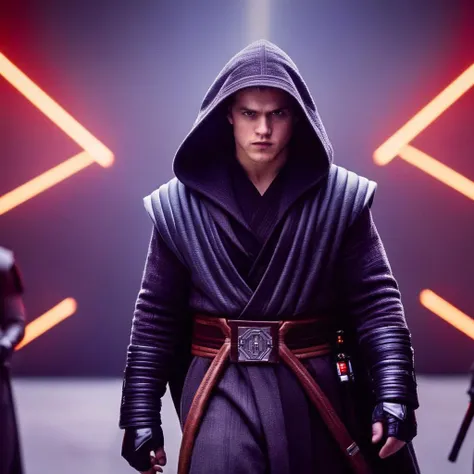 cinematic film still of  <lora:star wars style:1.5>
In star wars universe Anakin Skywalker a man in a hooded jacket and belt with yellow sith eyes star wars style, shallow depth of field, vignette, highly detailed, high budget, bokeh, cinemascope, moody, e...