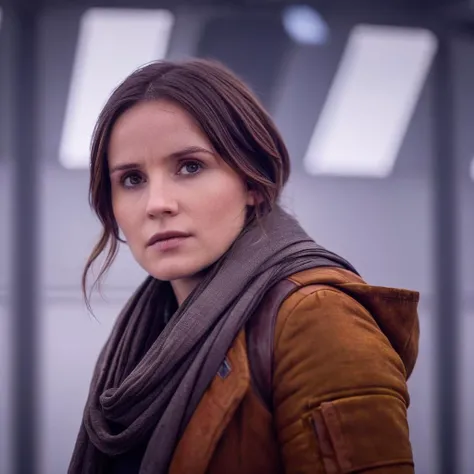 cinematic film still of  <lora:star wars style:1.5>
In star wars universe Jyn Erso a woman in a brown jacket and scarf star wars style, shallow depth of field, vignette, highly detailed, high budget, bokeh, cinemascope, moody, epic, gorgeous, film grain, g...