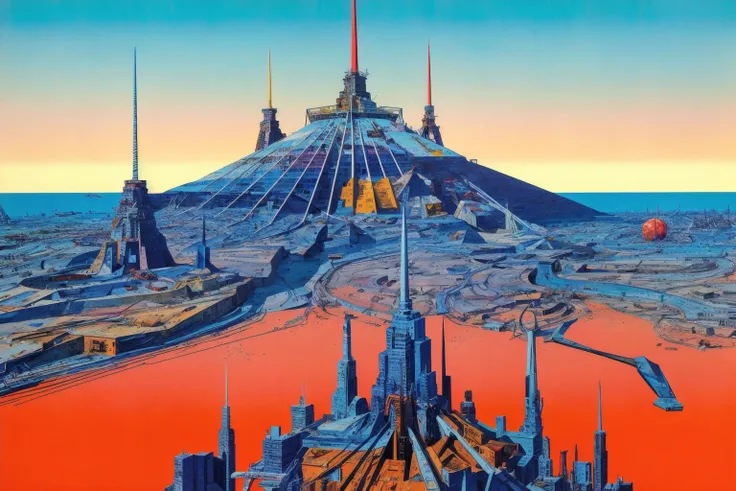 futuristic city in the desert with a red sky and a mountain