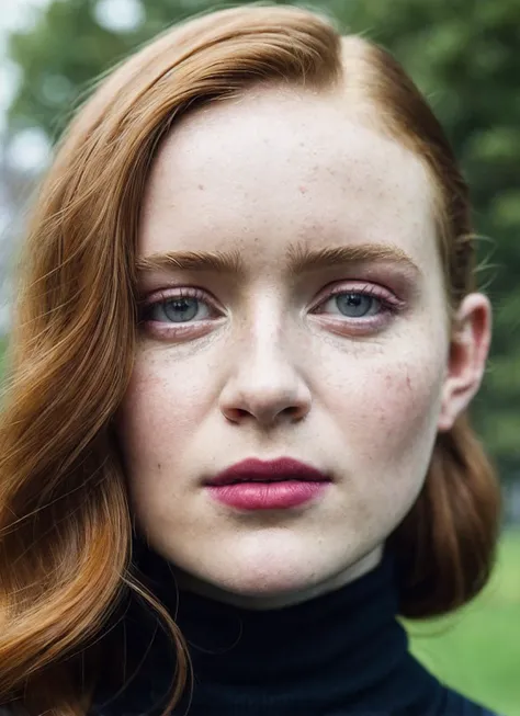 a close up of a woman with red hair and a black turtle neck