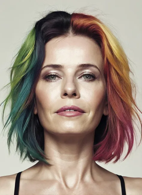 a woman with a multi colored hair and a black bra top