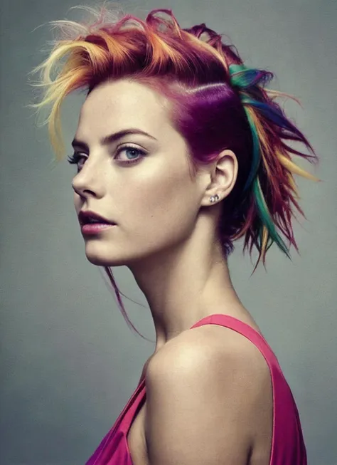 a close up of a woman with colorful hair and piercings