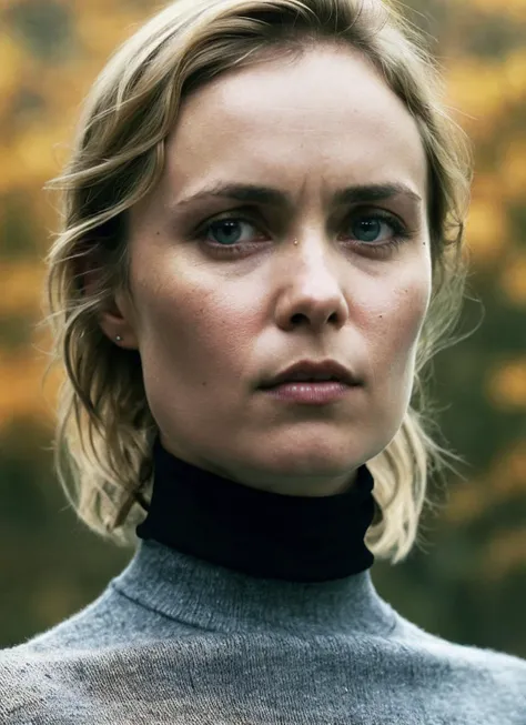 a woman with a turtle neck sweater looks at the camera