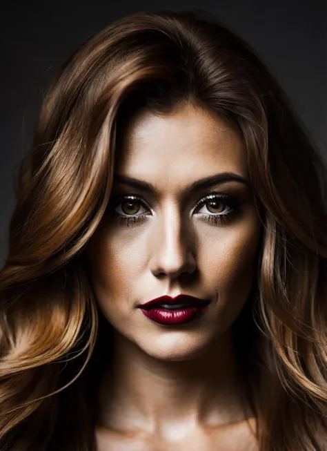 a woman with long hair and red lipstick posing for a picture