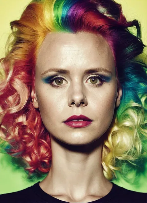 a close up of a woman with a colorful hair and makeup