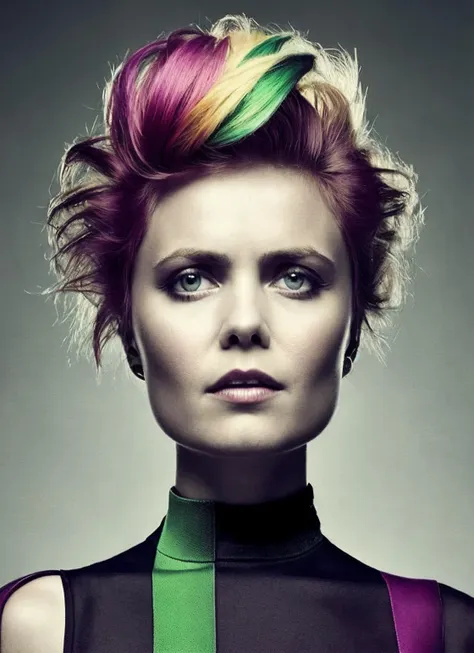 a close up of a woman with a colorful hair and a green tie