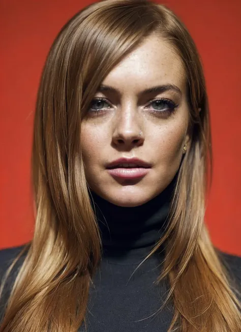 a close up of a woman with long hair and a turtle neck