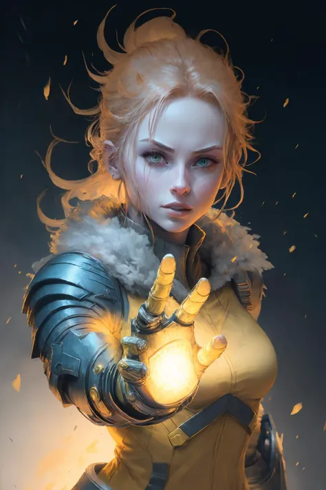 <lora:d3fr0:1.1> portrait, female, [fighter] (d3fr0) style, yellow clothes, gauntlet