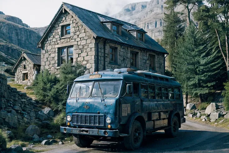 photo RAW,( <lora:maz500:0.75>, a dark blue bus parking on A mountain scene with a rustic stone cottage nestled on a hillside,Realistic, realism, hd, 35mm photograph, 8k), masterpiece, award winning photography, natural light, perfect composition, high det...