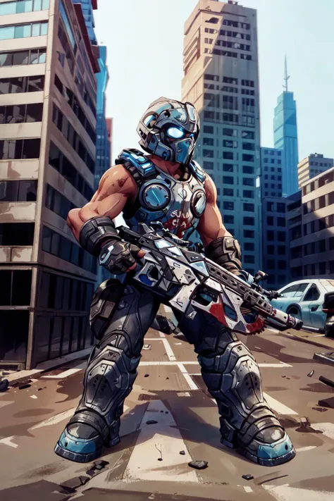 1man, solo, full body, assault rifle, <lora:Clayton_Carmine-15:0.8>, clayton_carmine, ruined city, detailed background, <lora:add_detail:0.7>