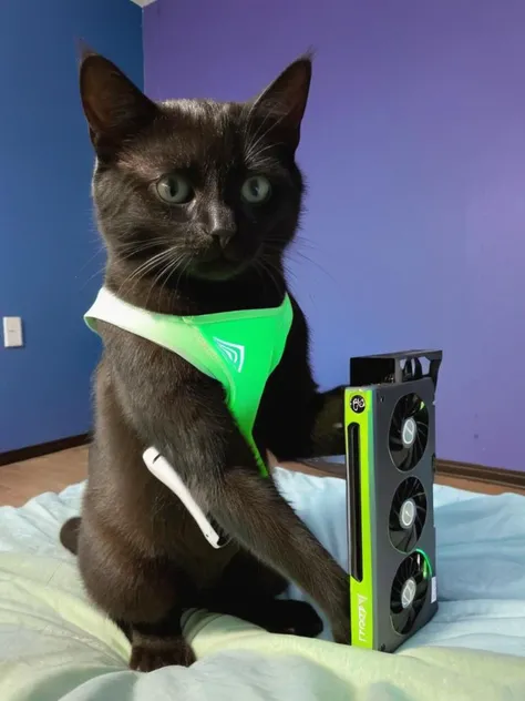 a cute cat hold a NVidia RTX 4090 graphic card in his hand, fantasy ,