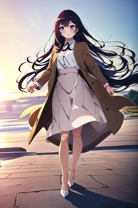 skirt, high heels, long skirt, coat, brown coat, full body, white shirt, standing, shirt, long sleeves, pink skirt, looking at viewer, bangs, white background, jewelry,
(((master piece))), (((1girl))), (beautiful illustration), ((best quality)), ((cute ani...