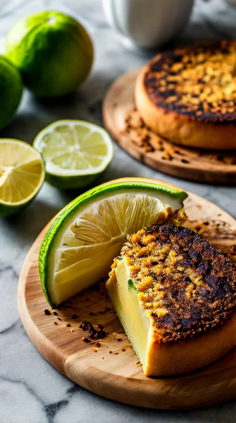 a close up of a slice of cake on a plate with limes