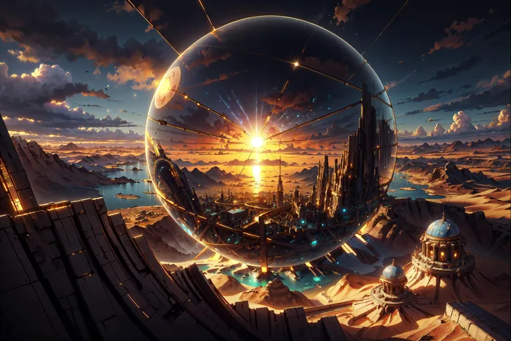 a futuristic city in a sphere with a sunset in the background