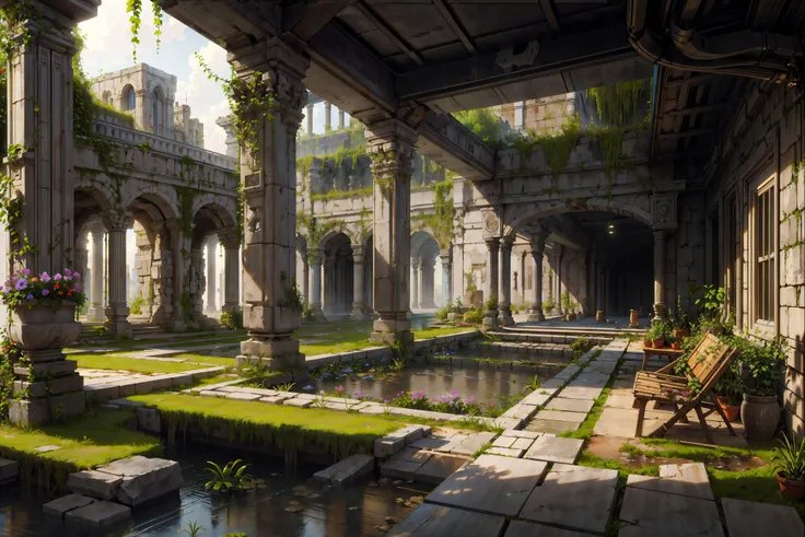 a close up of a courtyard with a bench and a pond