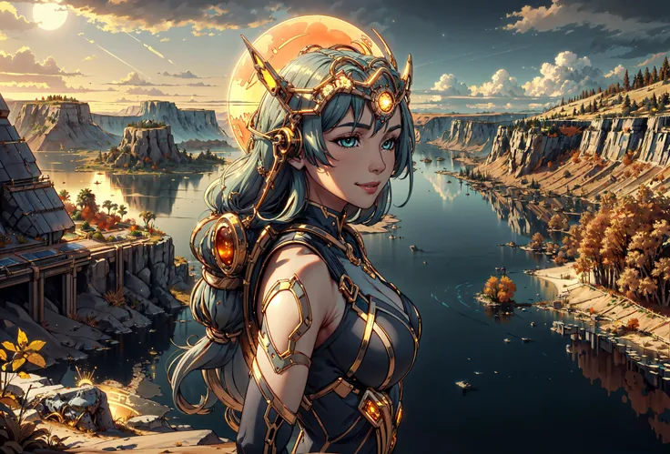 a woman in armor standing on a cliff overlooking a river