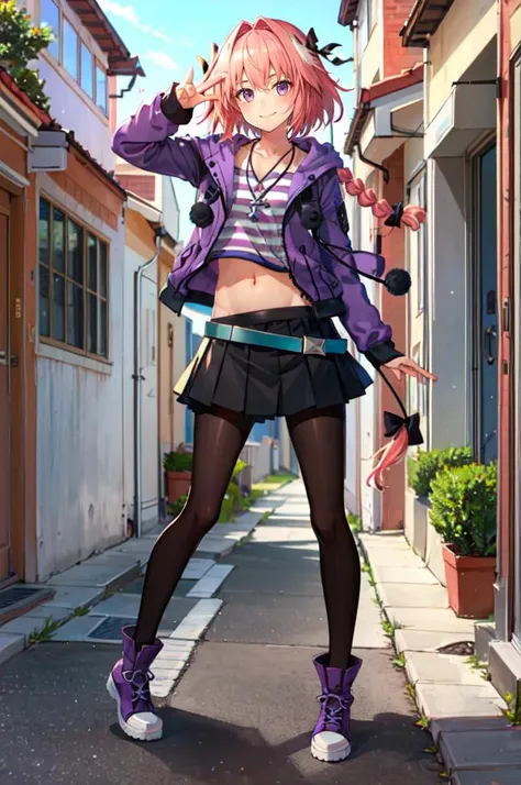 smile, double v,   <lora:AstolfoFate:0.8> astcasual, single braid, hair bow, hair ribbon, necklace, shirt, hood, jacket, purple jacket, navel, belt, skirt, pantyhose, purple footwear,, ultra detailed, masterpiece, best quality, aesthetic, detailed,