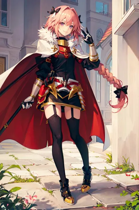 smile, double v,  <lora:AstolfoFate:0.8> astarmor, single braid, long braid, cape, gauntlets, garter straps, thighhighs, black footwear,, ultra detailed, masterpiece, best quality, aesthetic, detailed,