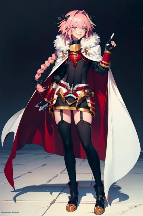 smile, double v,  <lora:AstolfoFate:0.8> astarmor, single braid, long braid, cape, gauntlets, garter straps, thighhighs, black footwear,, ultra detailed, masterpiece, best quality, aesthetic, detailed,