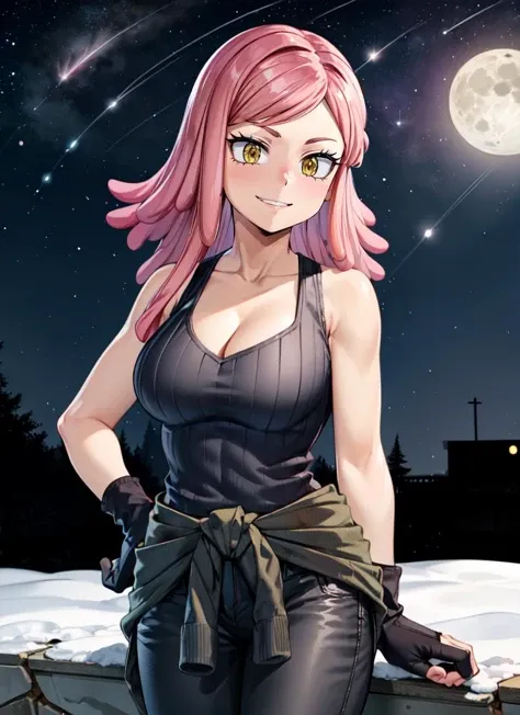 a woman with pink hair and a black top standing in the snow