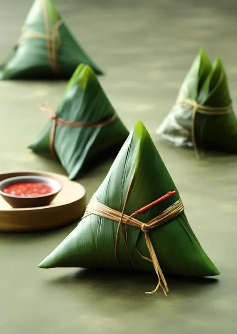 three small green leaves wrapped in a triangle with a small bowl of sauce