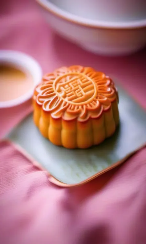 there is a small plate with a moon cake on it