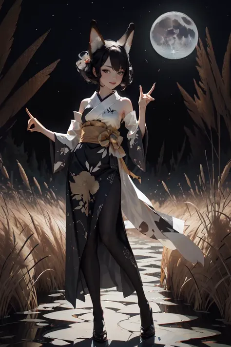 a woman in a kimono outfit standing in a field with a full moon