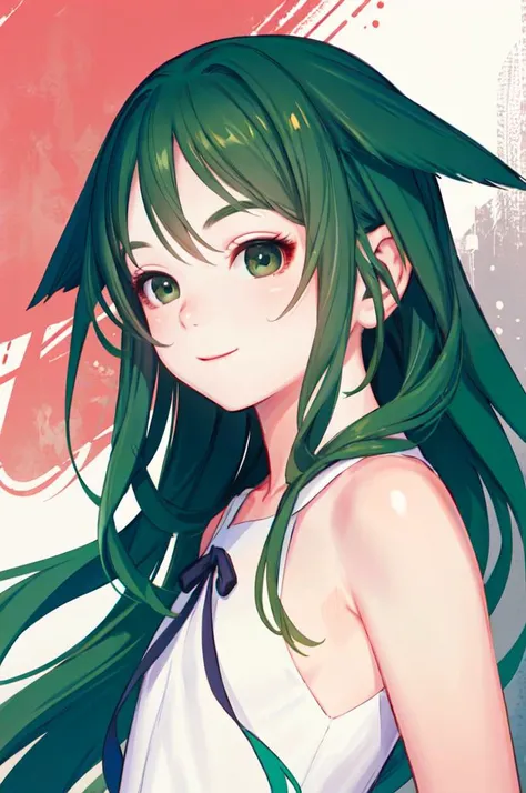 <lora:SayaVN:1> sayavn, green eyes, green hair, very long hair, hair flaps, flat chest, sundress, black ribbon, smile,   <lora:Range_murata_style_v02:0.8>, absurdres, ultra detailed, masterpiece, best quality, aesthetic, detailed,