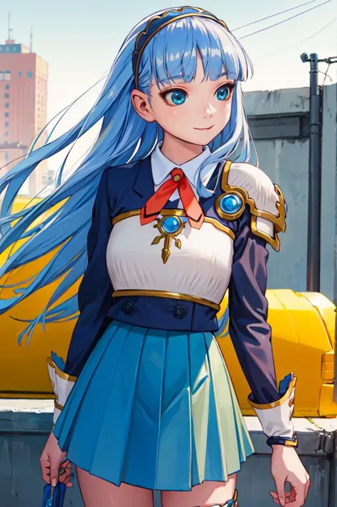 a woman with long blue hair standing in front of a yellow truck