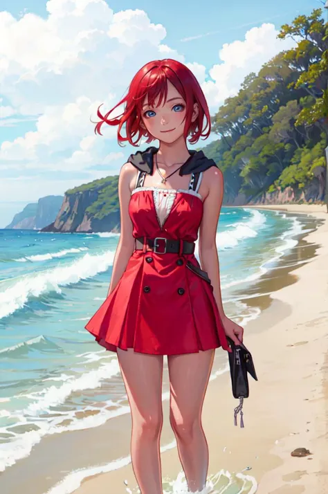 a woman in a red dress standing on a beach next to the ocean