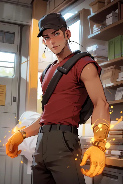 a man in a red shirt and black pants holding a yellow glove