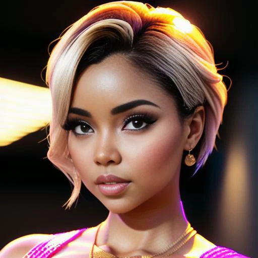 a photo portrait of a beautiful woman, fashion clothing, short hair, art by sierra2024, best quality masterpiece, photorealistic, detailed, 8k, HDR, shallow depth of field, broad light, high contrast, backlighting, bloom, light sparkles, chromatic aberrati...