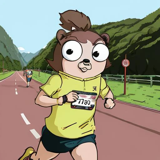 cartoon of a man running on a road with a mountain in the background